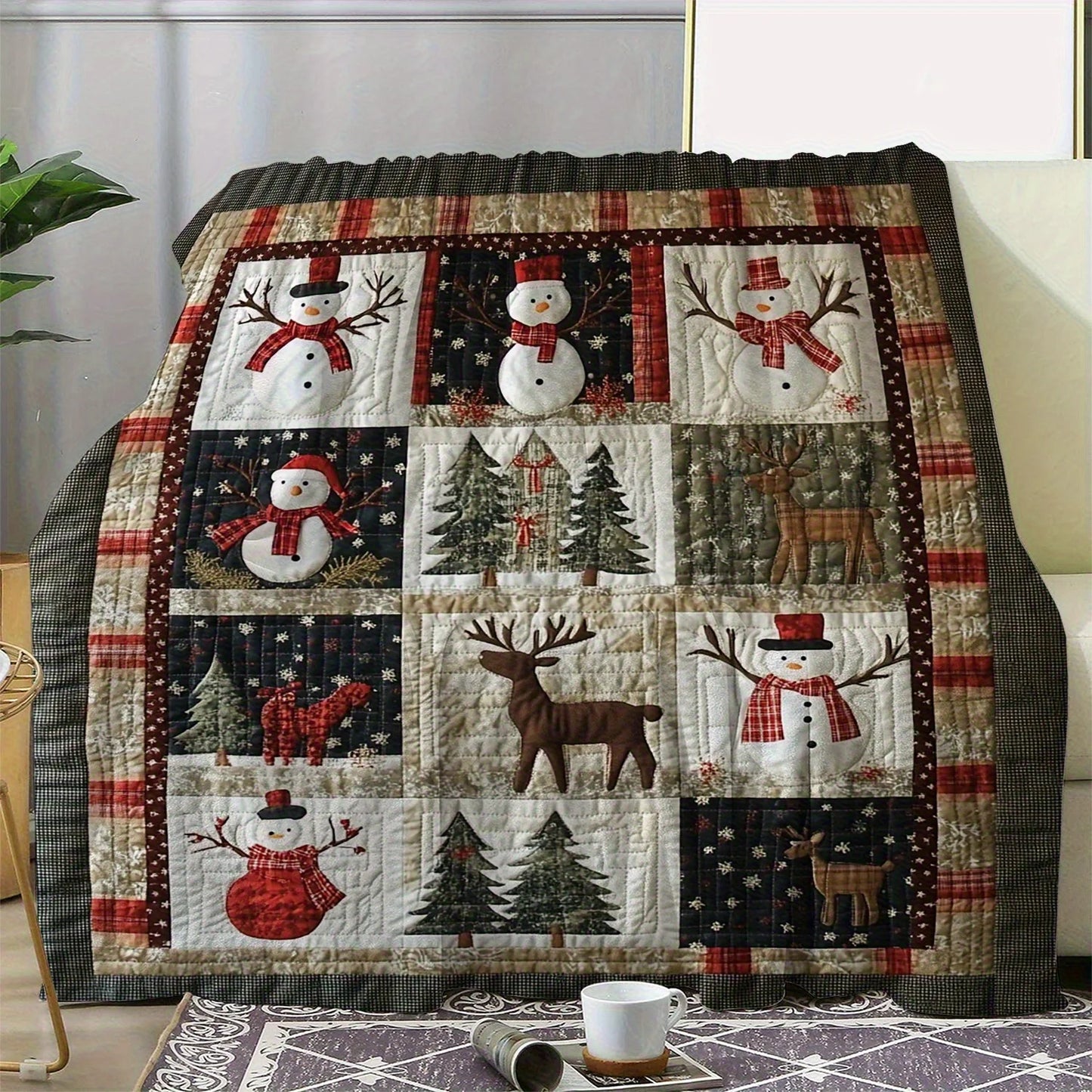 Cozy Christmas Blanket Flannel Quilt Throw - Soft Warm Bedspread with Snowman, Reindeer Cedar Print, Plaid Border Fleece Blanket