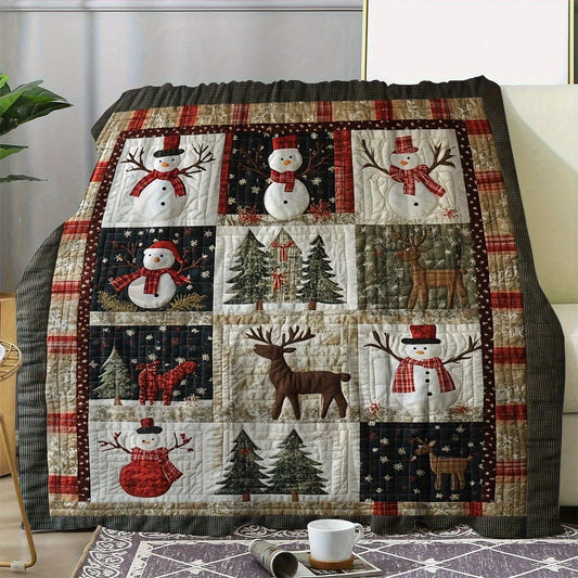 Cozy Christmas Blanket Flannel Quilt Throw - Soft Warm Bedspread with Snowman, Reindeer Cedar Print, Plaid Border Fleece Blanket