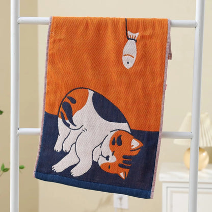 Cartoon Cat Face Towels 34x74cm Soft Bath Towel Absorbent 3 Layer Cotton