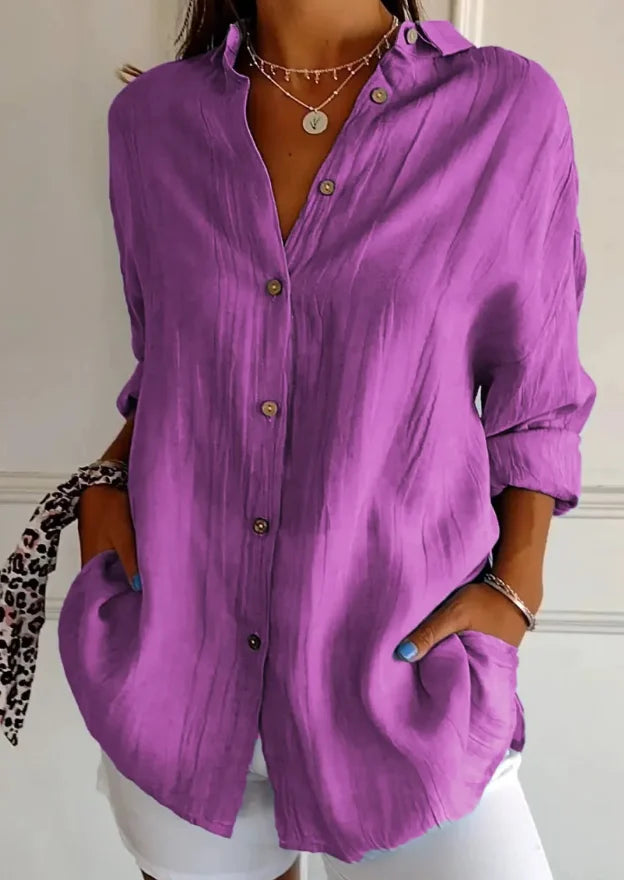 Women's Lapel Long Sleeve Solid Shirt — Casual Single Breasted Blouse Top
