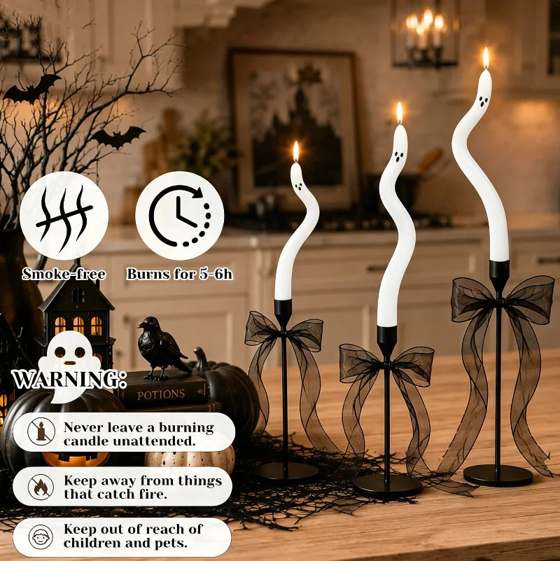 3-6Pcs Twisting Ghost Candles with Candle Holders Ribbons Candlestick Holders Halloween centerpieces Party Table Fireplace Decor