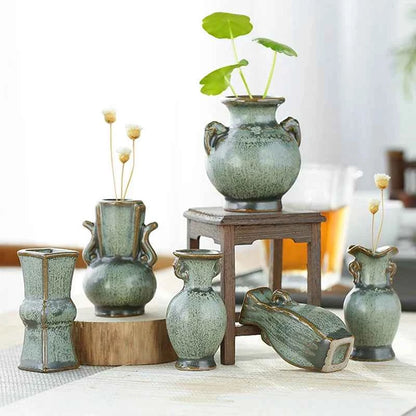 1Pcs Ceramic Miniature Vase Green Retro Flower Vase Crafts Tabletop Ornament Hydroponics Chinese-style Living Room Decoration