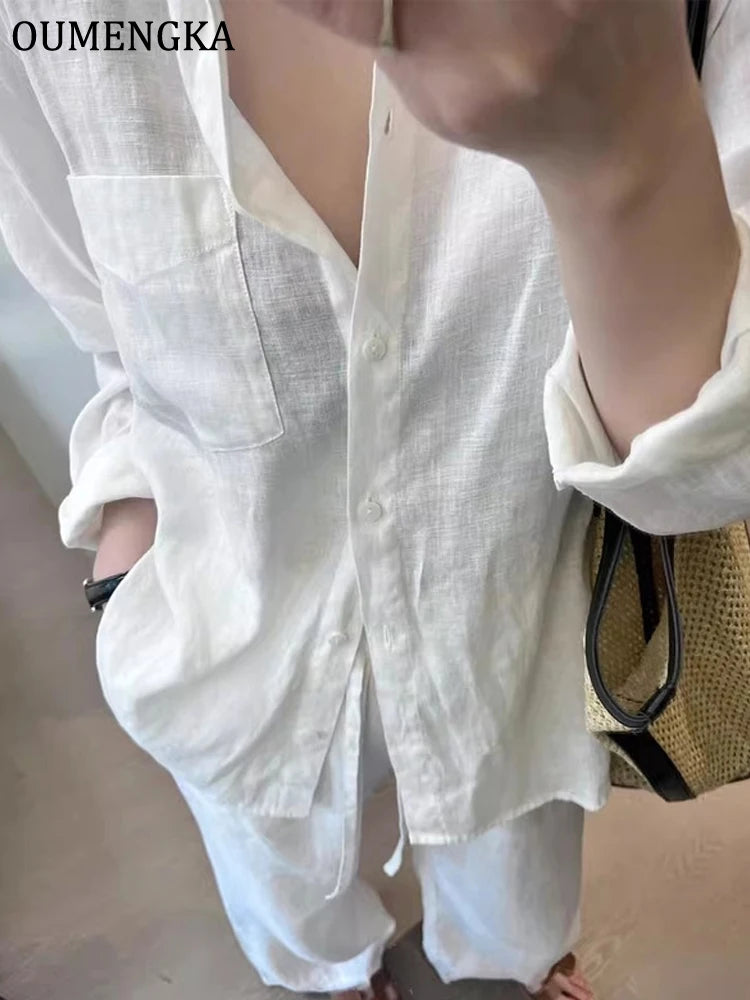 Women's Minimalist Cotton Linen White Shirt — Long Sleeve Loose Blouse