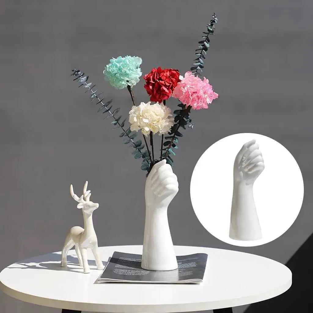 Hand Shape Ceramic Vase Artificial Flowers Pot 9.3inch Decor