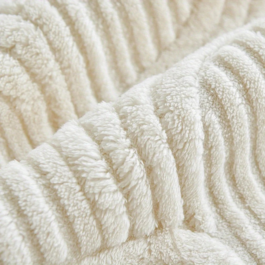 Cream Striped Velvet Sofa Cover, Non-Slip