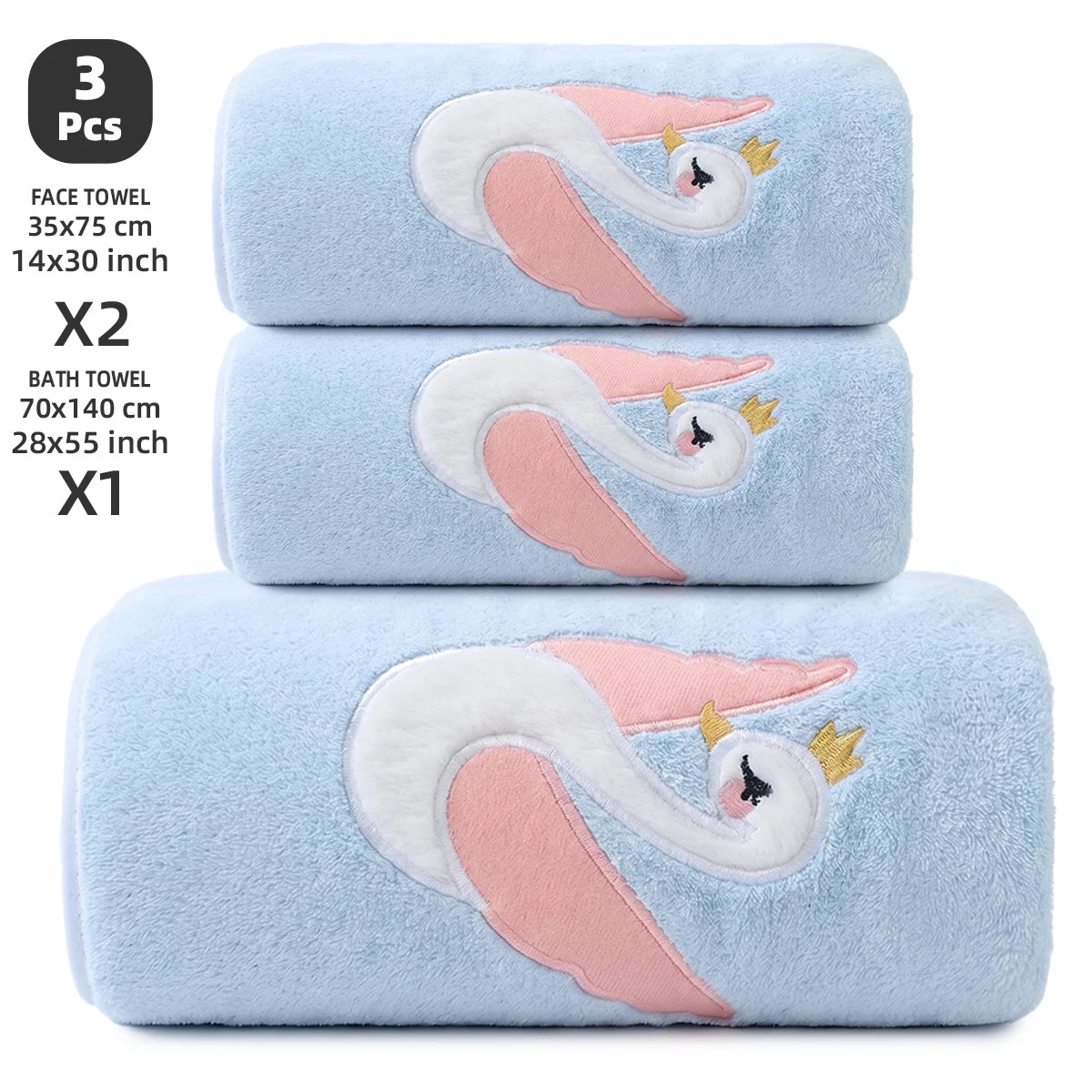 3-Piece Towel Set, 1 Bath Towel + 2 Hand Towels, Elegant Swan Embroidery