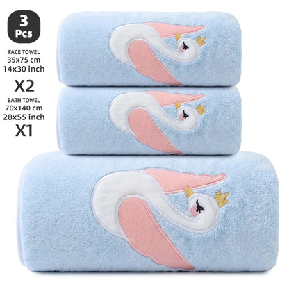 3-Piece Towel Set, 1 Bath Towel + 2 Hand Towels, Elegant Swan Embroidery