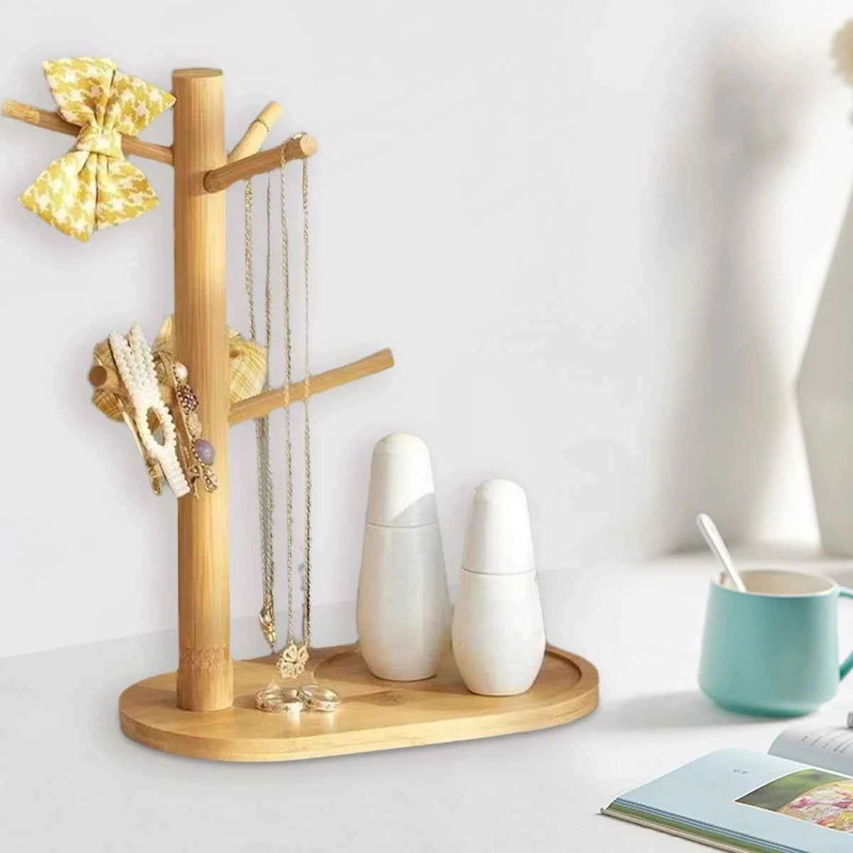 Mug Tree Holder - Bamboo Coffee Cup Rack with 3/6 Hooks, Non-Slip Kitchen Organizer for Counter, Perfect for Home & Cafe Decor