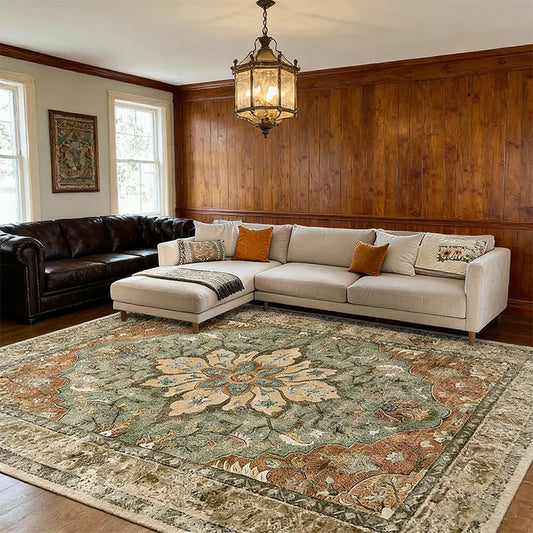 Bohemian Floral Vintage Oversized Area Rug – Machine Washable Non-Slip Green Carpet