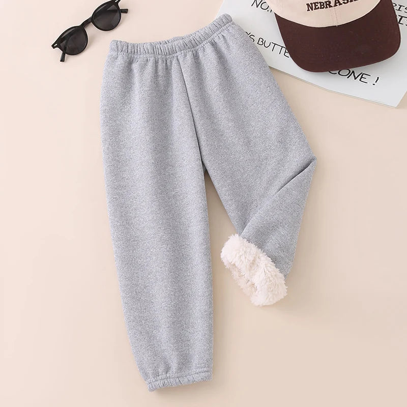 Autumn And Winter Children's Plush Warm Sports Casual Pants For Boys And Girls Solid Color Fashion Thick Windproof Harun Pants