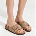 Crestar Women's Genuine Suede Cork Footbed Sandals – Adjustable Buckle Flat Slippers
