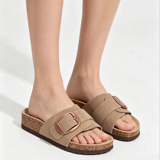 Crestar Women's Genuine Suede Cork Footbed Sandals – Adjustable Buckle Flat Slippers