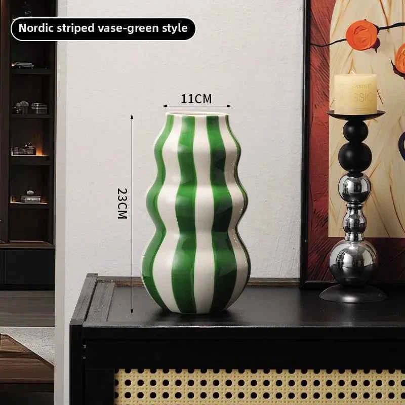 Modern niche minimalist striped vases, flower arrangements in them, high-end sense, creative retro painted ceramic vases