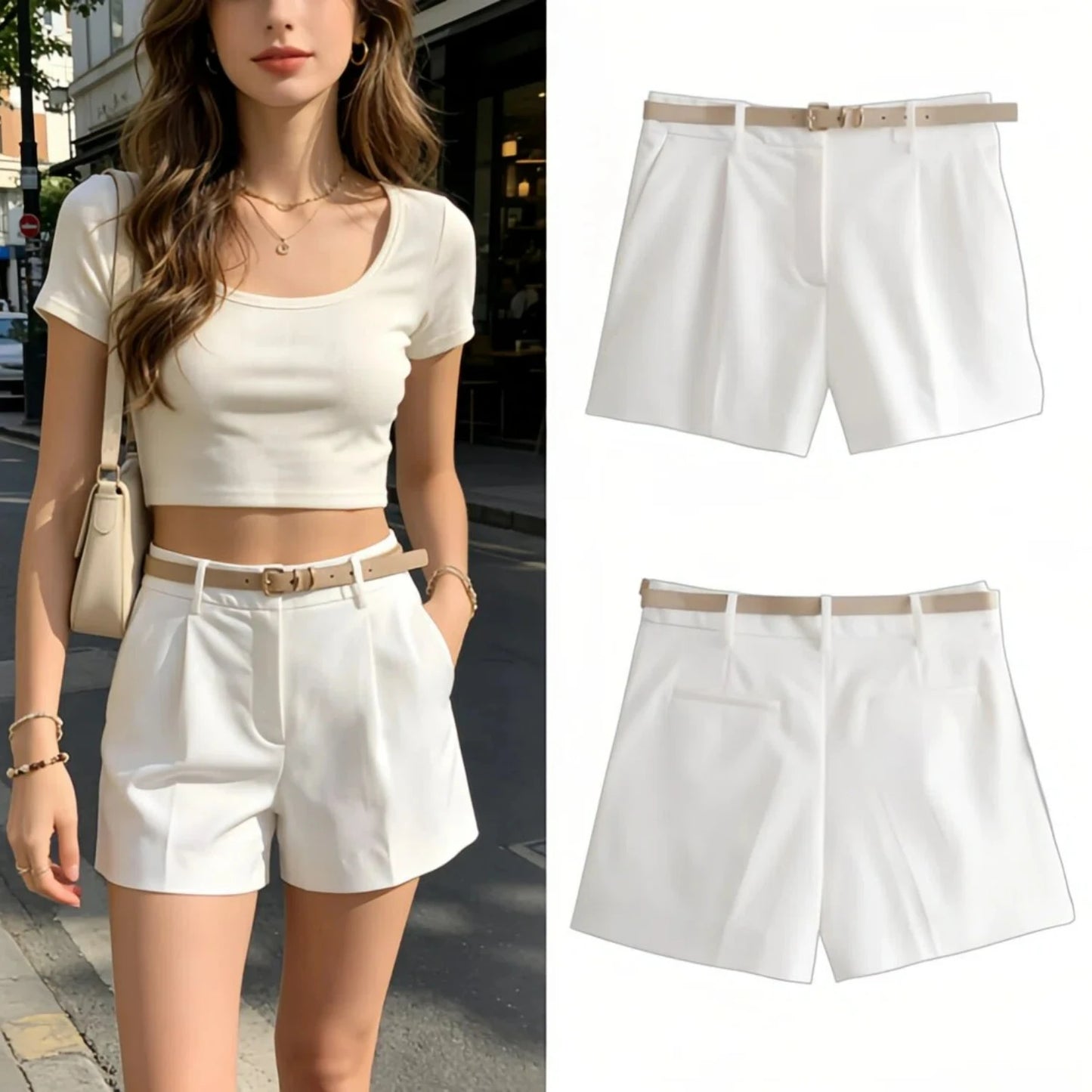 Women's High Waist Loose Straight Shorts – Belted Zipper Korean Fashion Shorts for Office & Casual Wear