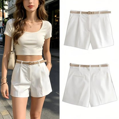 Women's High Waist Loose Straight Shorts – Belted Zipper Korean Fashion Shorts for Office & Casual Wear
