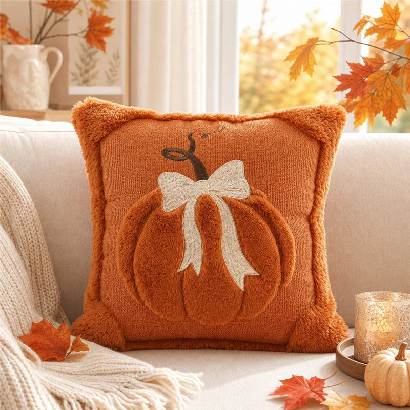 3D Plush Pumpkin Throw Pillow with Bow, Fall Decor
