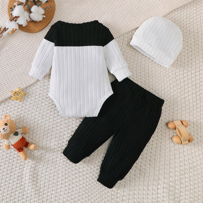 3Pcs/Set of Newborn Baby Boy Color Blocked Long Sleeved Bodysuit+Pants+Cute Hat Set 0-18 Months Baby Boy Spring and Autumn Set