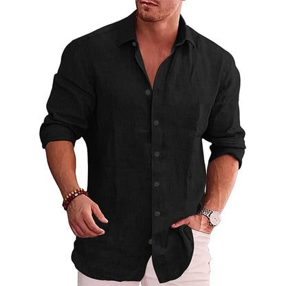 Men's Cotton Linen Long Sleeve Casual Shirt — Solid Color Plus Size Linen Top