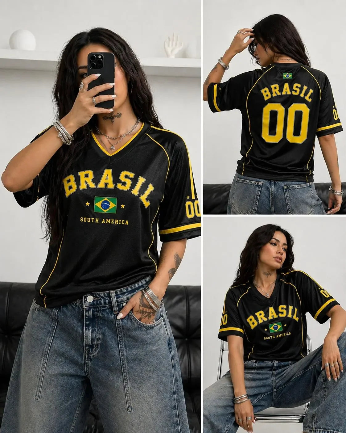 Women's Brazil Print V-Neck Sport T-Shirt — Plus Size Short Sleeve Jersey