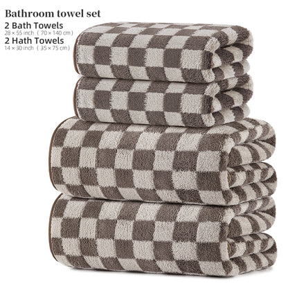 4-Piece Towel Set, 2 Bath Towels + 2 Hand Towels, Checkerboard Pattern