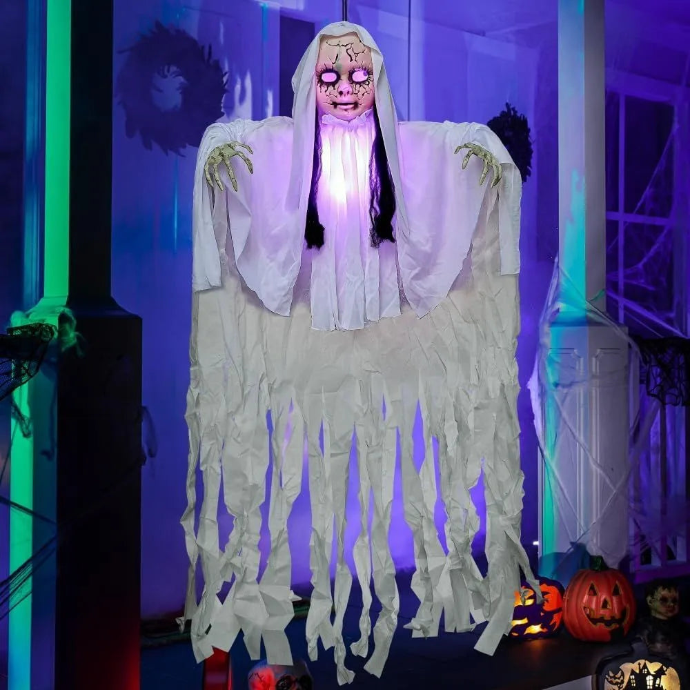 43" Outdoor Halloween Decoration, Scary Girl Hanging Ghost Decor Sound Activated with Light-up Head for Yard, Patio, Haunted House Lawn Garden,Halloween voice control glowing sound standing swaying ghost