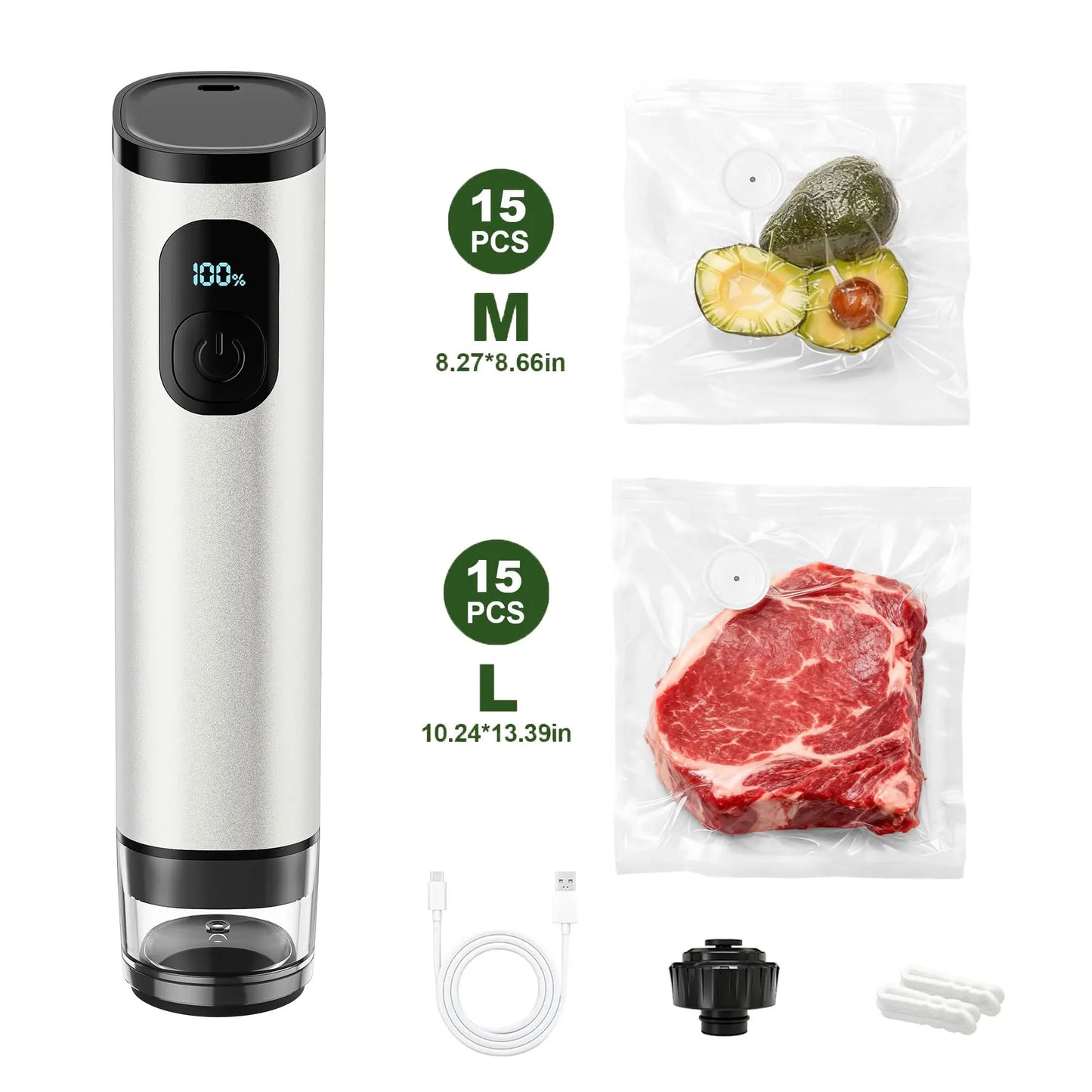 Portable Aluminum Electric Vacuum Food Sealer with 30 Reusable Bags, Wine Stopper and Sealing Clips