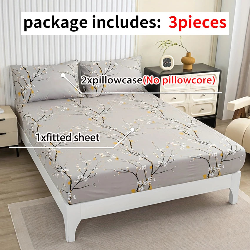 3-Piece Floral Fitted Sheet Set with 2 Pillowcases