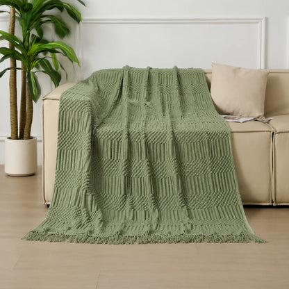 Dark Green Geometric Bobble Textured Knit Throw Blanket with Tassel Fringe, Soft Knitted Decorative Blanket, Lightweight Cozy Cover for Couch Sofa Bed, Boho Farmhouse Home Decor for Living Room Bedroom
