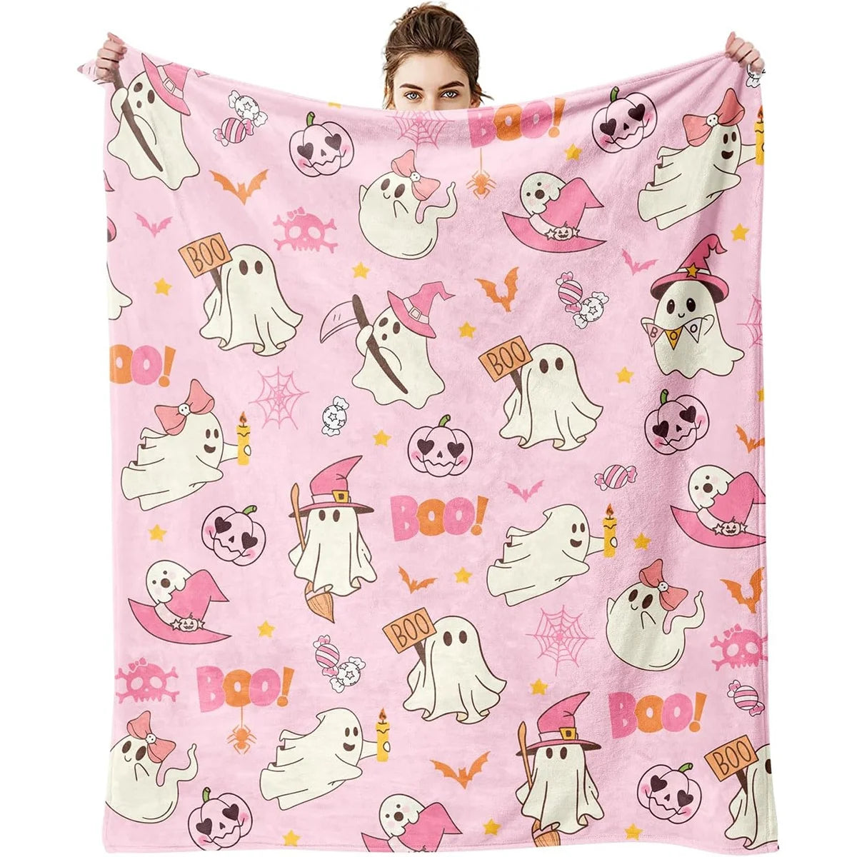 1pc Halloween Cute Pink Blanket, Soft Polyester All-Season Blanket, Multi-Size Decorative Throw, Suitable for Bedroom and Living Room, Machine Washable, Gift for Family and Friends for Birthdays and Holidays, Cozy Home Decor,