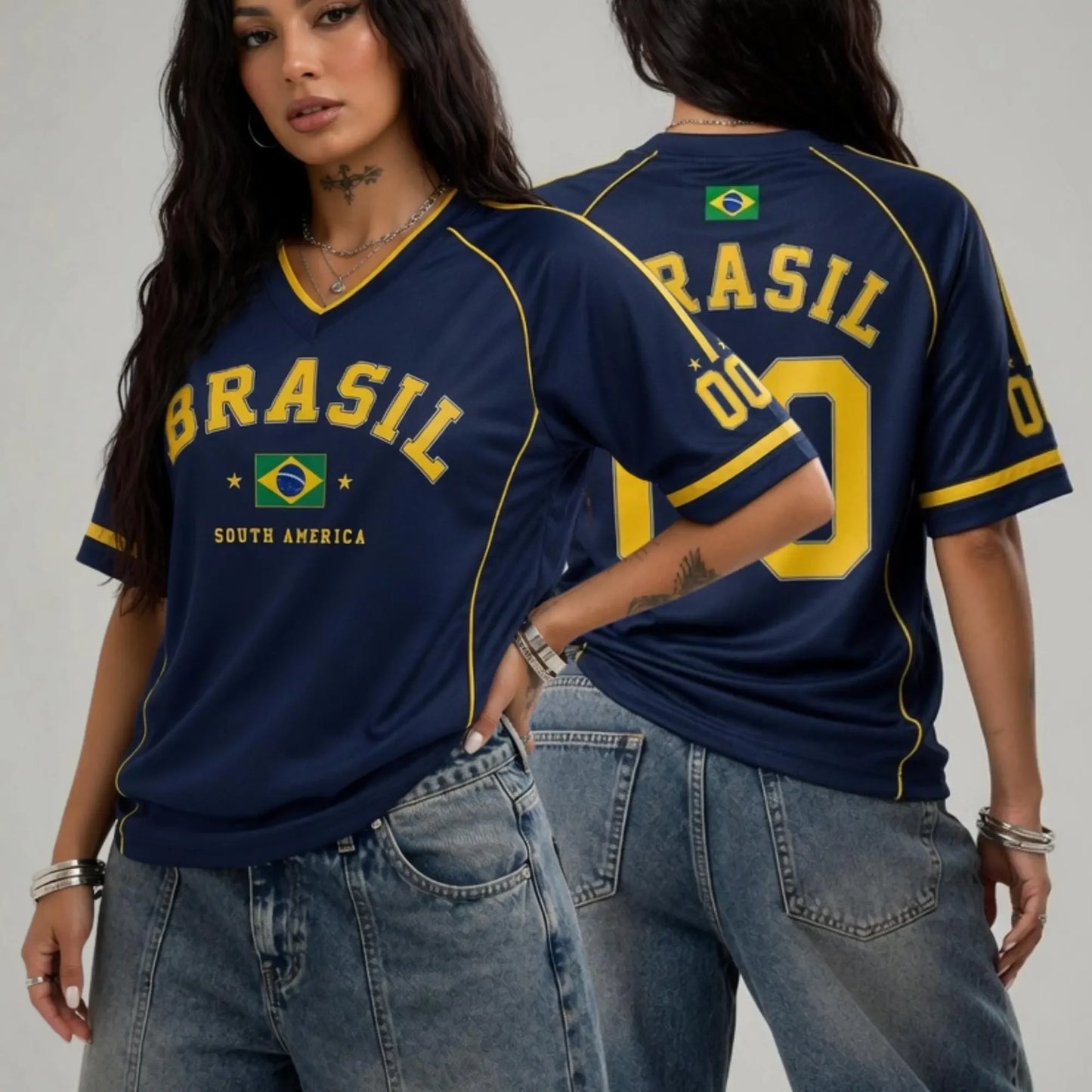 Women's Brazil Print V-Neck Sport T-Shirt — Plus Size Short Sleeve Jersey
