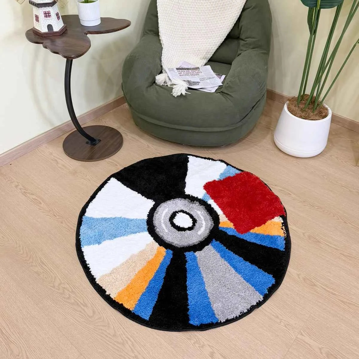 Vibrant Round CD Shaped Tufted Flocking Rug, 3D Soft Pile Non-Slip Carpet, Modern Home Decor for Living Room Bedroom