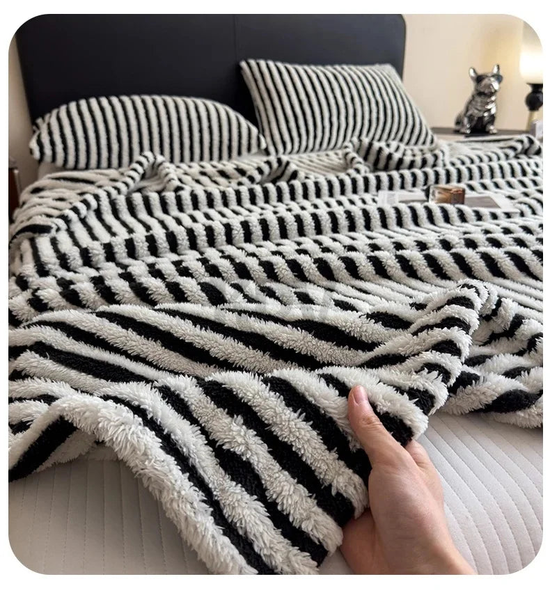 Imitation Rabbit Plush Striped Blanket Fluffy Soft Fleece Throw Blanket for Sofa Single Double Spring Autumn Warm Bed Blankets