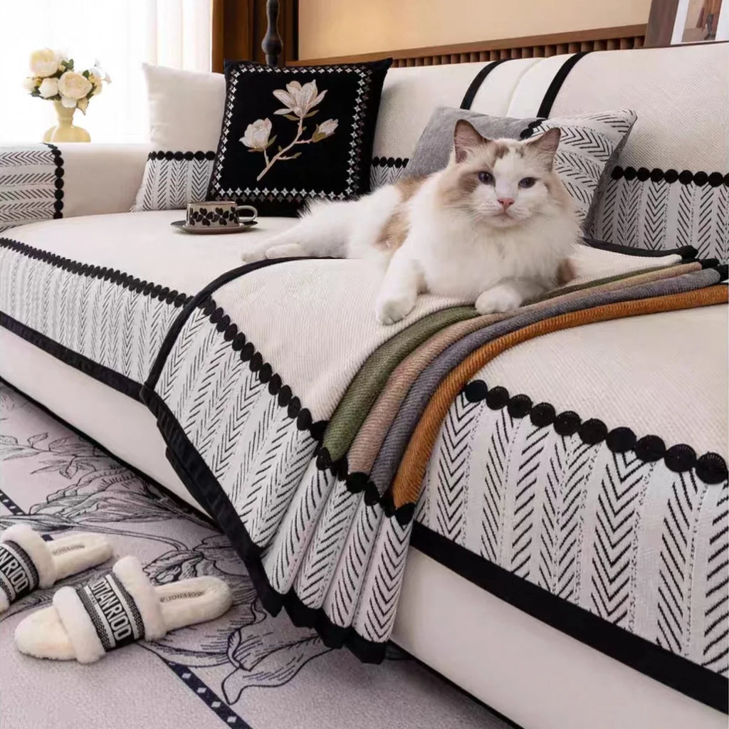 Chenille Sofa Cover, Non-Slip, Contrast Hem
