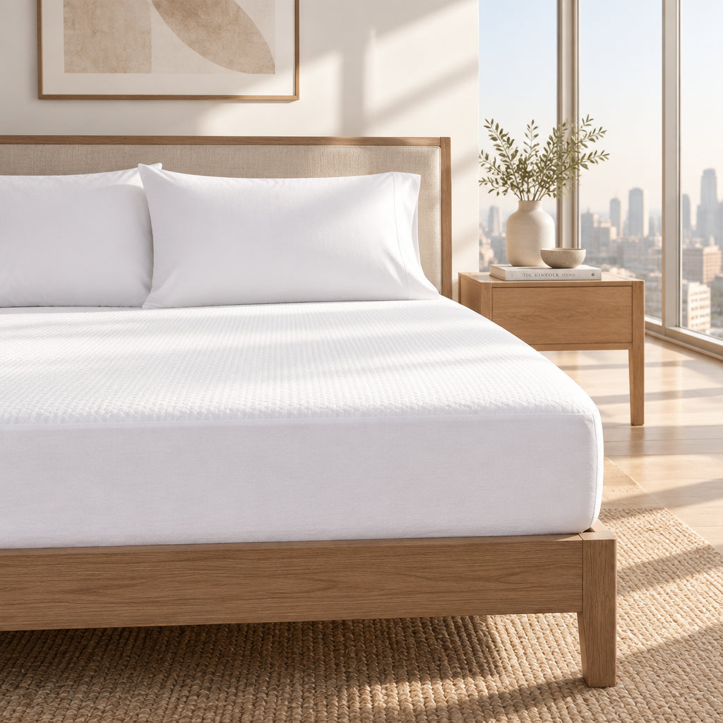 Solid Waterproof Fitted Sheet 15 Inch Deep Pocket Ultra Soft Elastic Bed Mattress Protector Cover Wrinkle‑Resistant Bed For Standard Size Beds