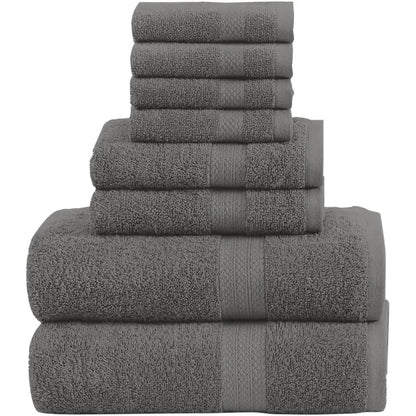 8-Piece Towel Set: 2 Bath, 2 Hand, 4 Washcloths, 100% Cotton, Lightweight