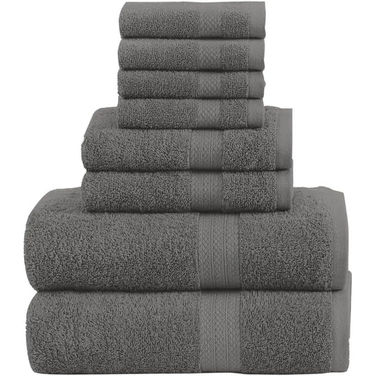 8-Piece Towel Set: 2 Bath, 2 Hand, 4 Washcloths, 100% Cotton, Lightweight