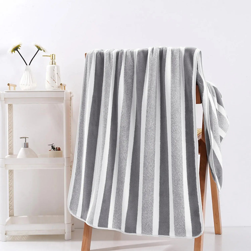 Oversized Striped Coral Fleece Bath Towel Ultra Soft Thickened Shower - Beach Towel