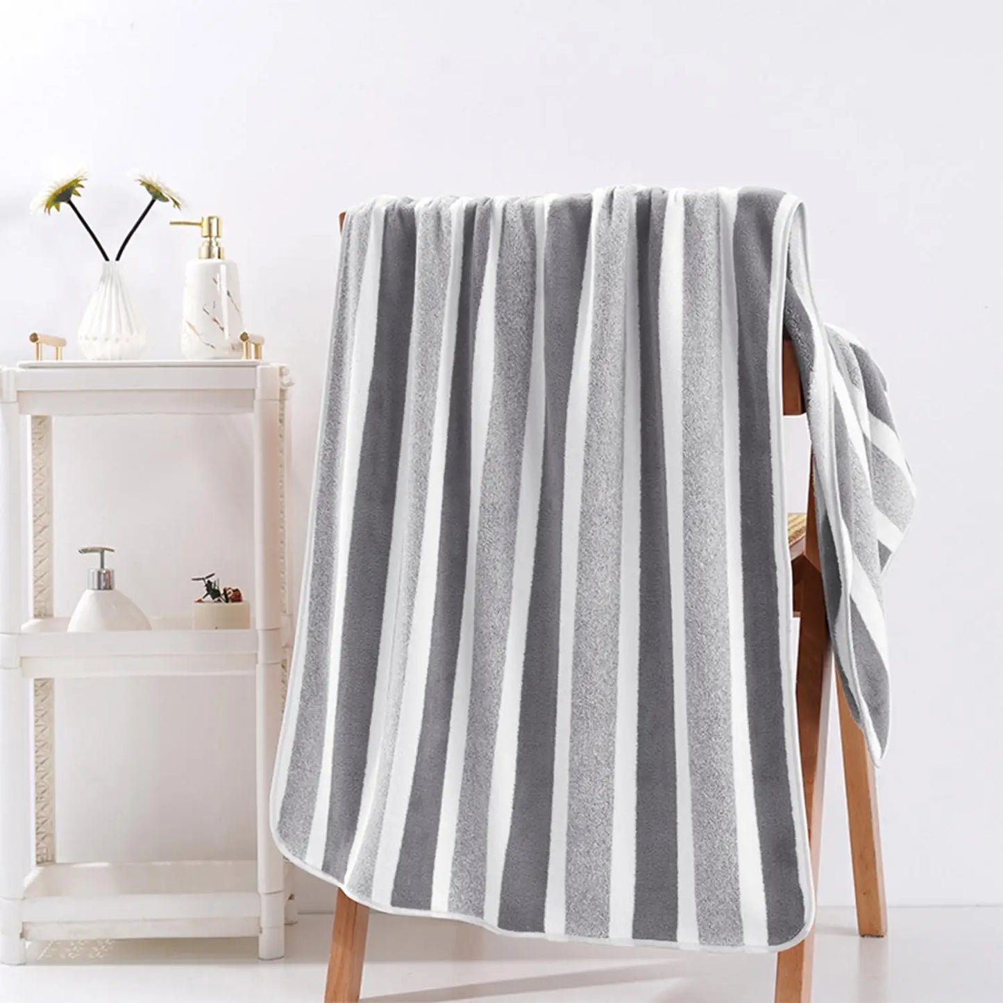 Oversized Striped Coral Fleece Bath Towel Ultra Soft Thickened Shower - Beach Towel