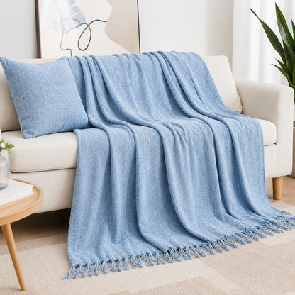 Beige Openwork Textured Knit Throw Blanket with Tassel Fringe, Soft Knitted Decorative Blanket, Lightweight Cozy Cover for Couch Sofa Bed, Boho Farmhouse Home Decor for Living Room Bedroom