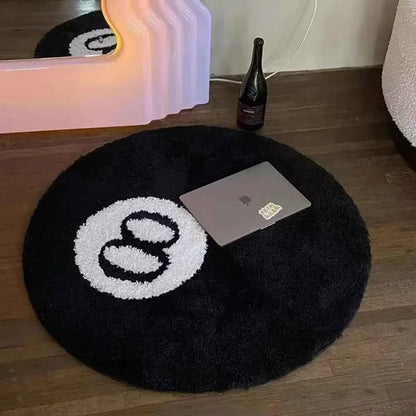 VIKAMA Black Billiards 8 Ball Round Flocked Floor Bedroom Anti-Slip Carpet Mat Living Plush Soft Bedroom Rug，Home Doeration