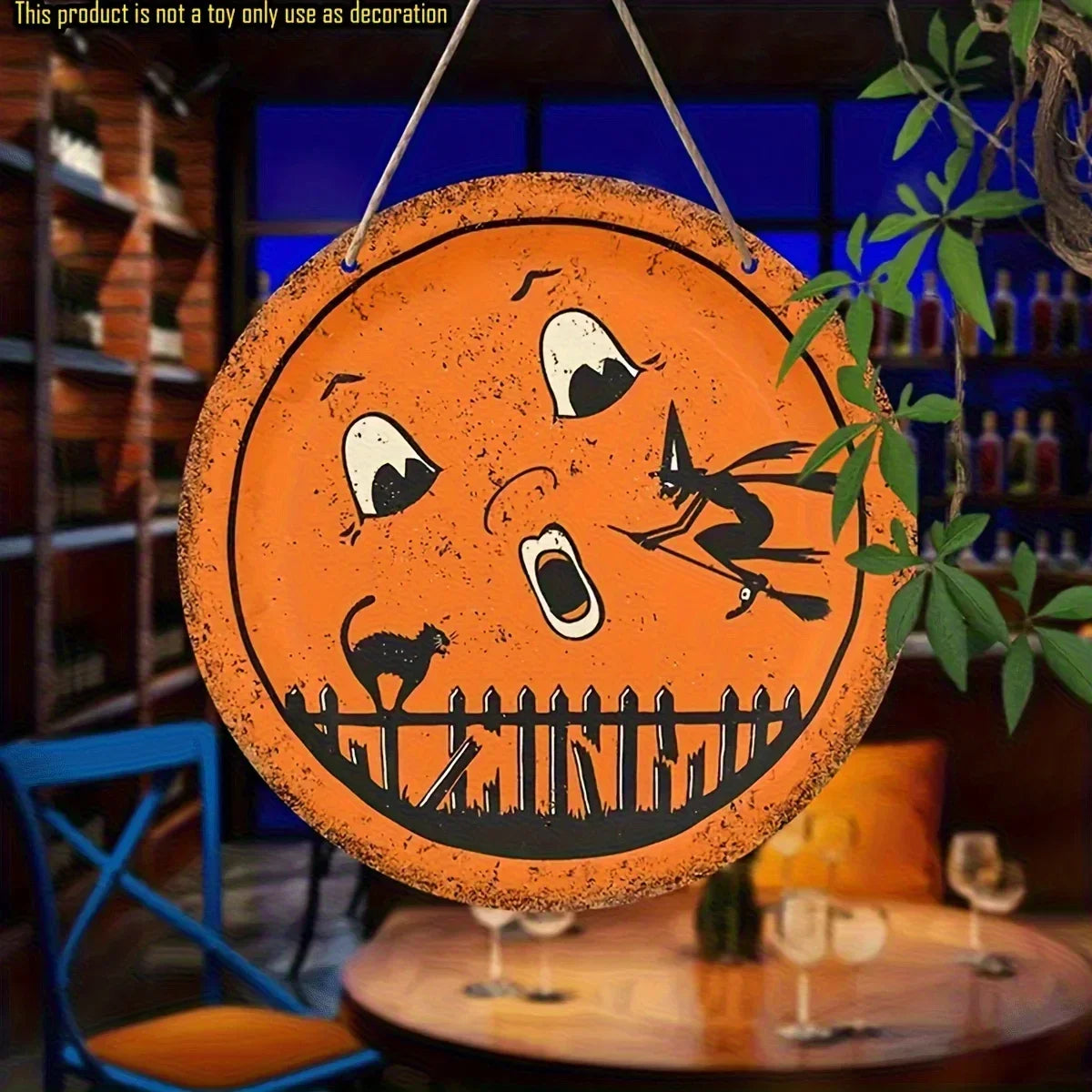 flat Halloween round wooden sign - ghost witch, black cat and full moon - Halloween decoration, no power required