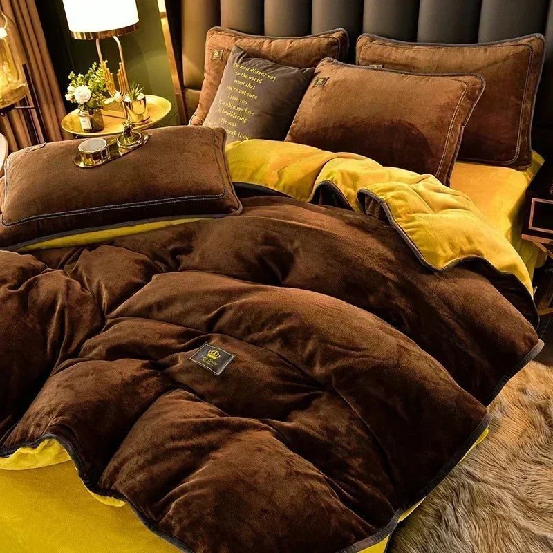 High-end Milk Velvet Autumn Winter Warm Duvet Cover Set with Bed Sheet Quilt Cover and Pillowcases Warmth Cozy Bedding Set Queen