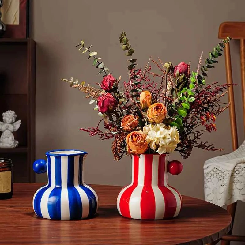 Modern Minimalist Striped Vase Creative Retro Painted Ceramic Vase for Home Decor