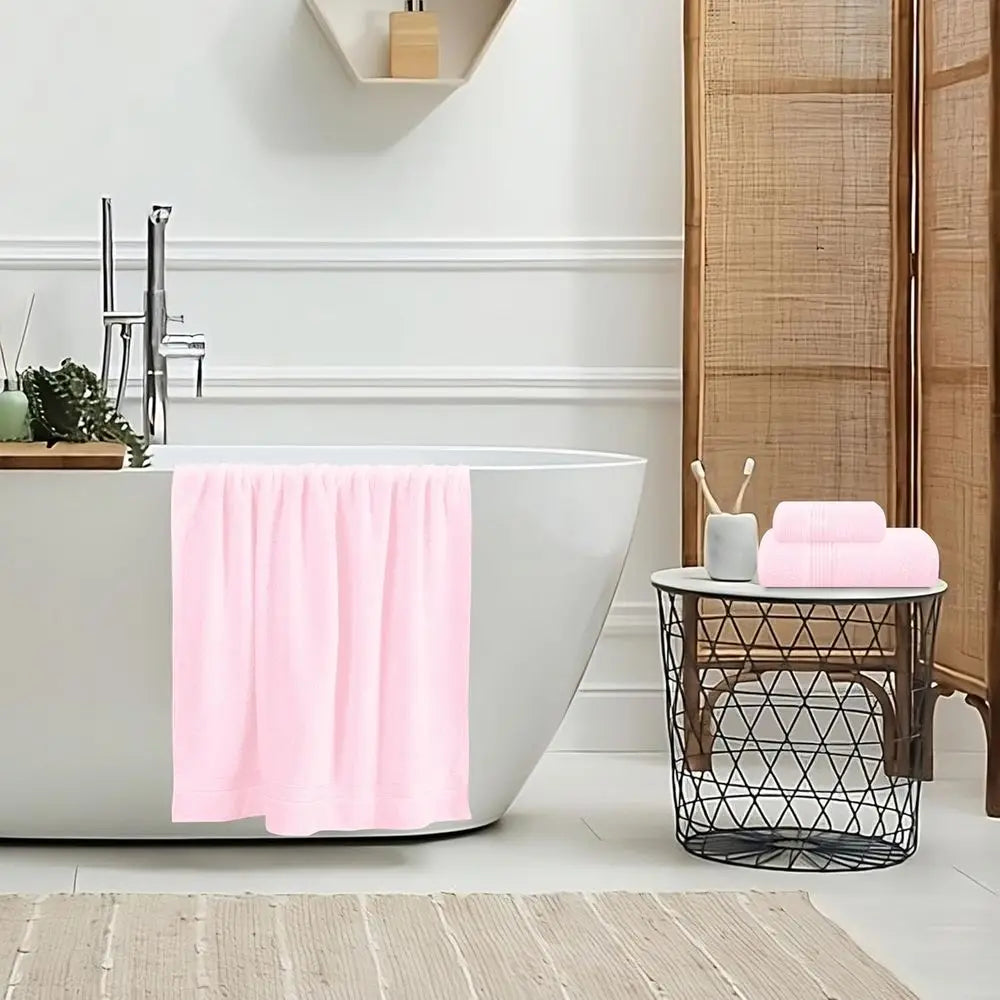3 Pack Cotton Towel Set: Bath 28x55, Hand 16x24, Wash 12x12 - Pink, Daily Use