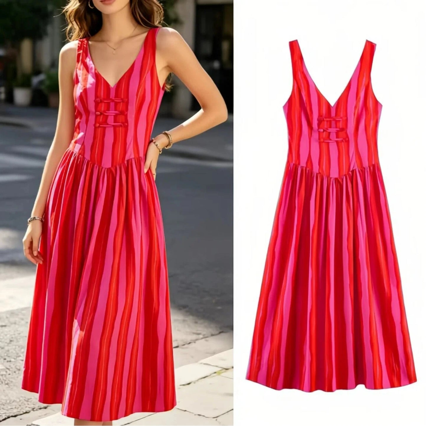 Women's Stripe Knot Waist Sleeveless Dress – Elegant Fairy Skirt for Citywalk & Summer Outings