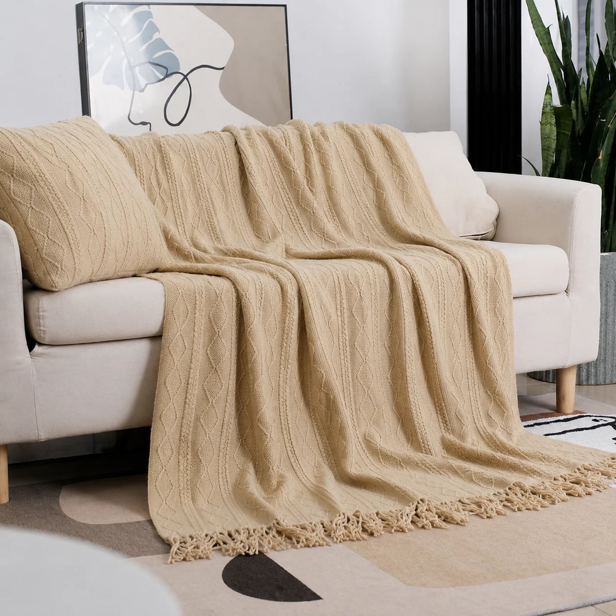 Beige Openwork Textured Knit Throw Blanket with Tassel Fringe, Soft Knitted Decorative Blanket, Lightweight Cozy Cover for Couch Sofa Bed, Boho Farmhouse Home Decor for Living Room Bedroom