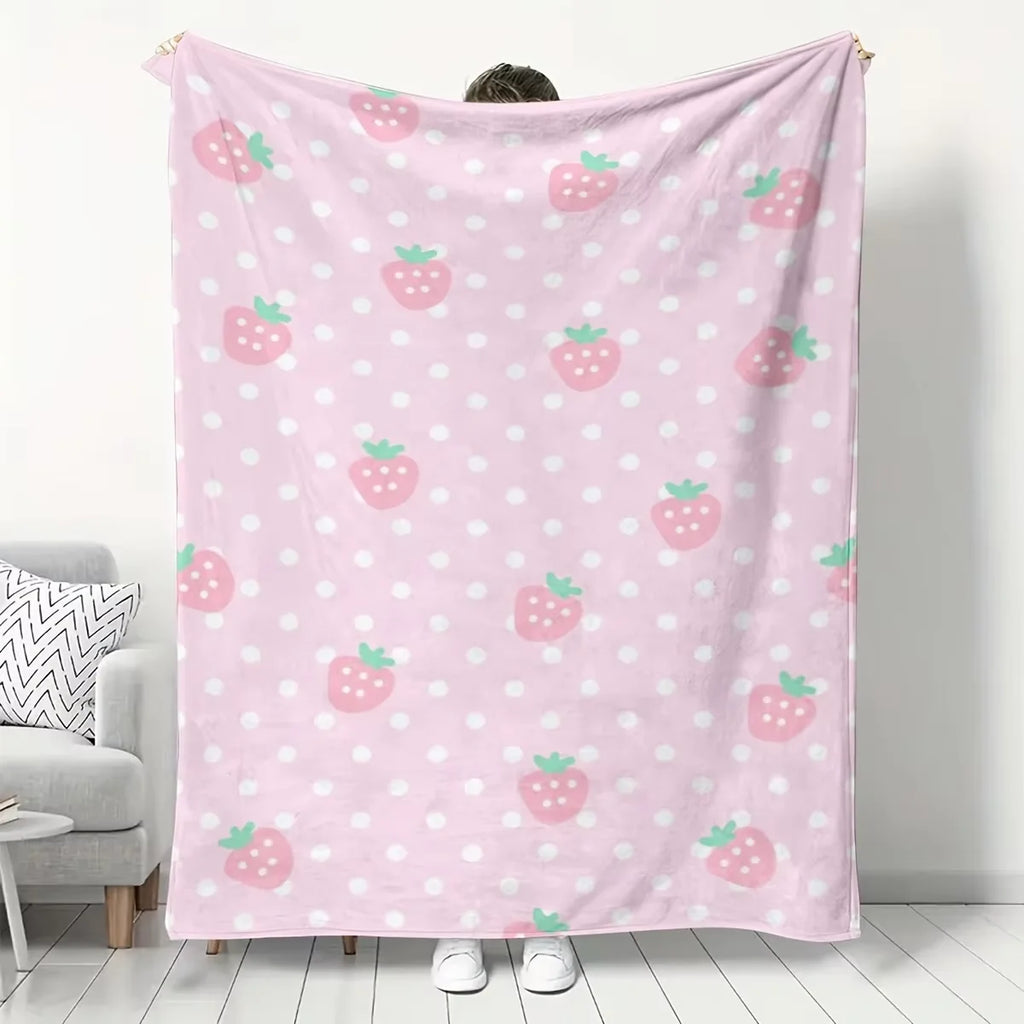 Pink Strawberry Print Flannel Blanket, Soft Warm Cozy Throw for Home Kitchen Sofa Camping Relaxation