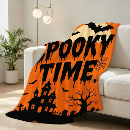 Halloween Fleece Throw Blanket Soft Cozy Large Orange Black Spooky Graphics IT's SPOOKY TIME Bats Full Moon Haunted Mansion Tree Spiderweb Graveyard for Sofa Couch Decor