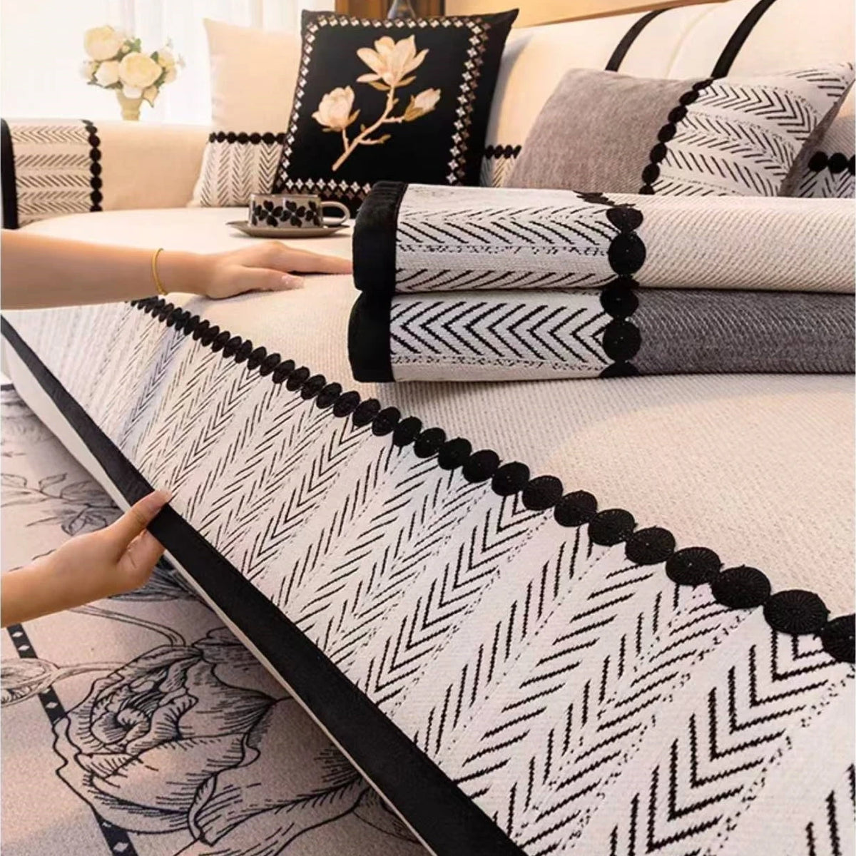 Chenille Sofa Cover, Non-Slip, Contrast Hem