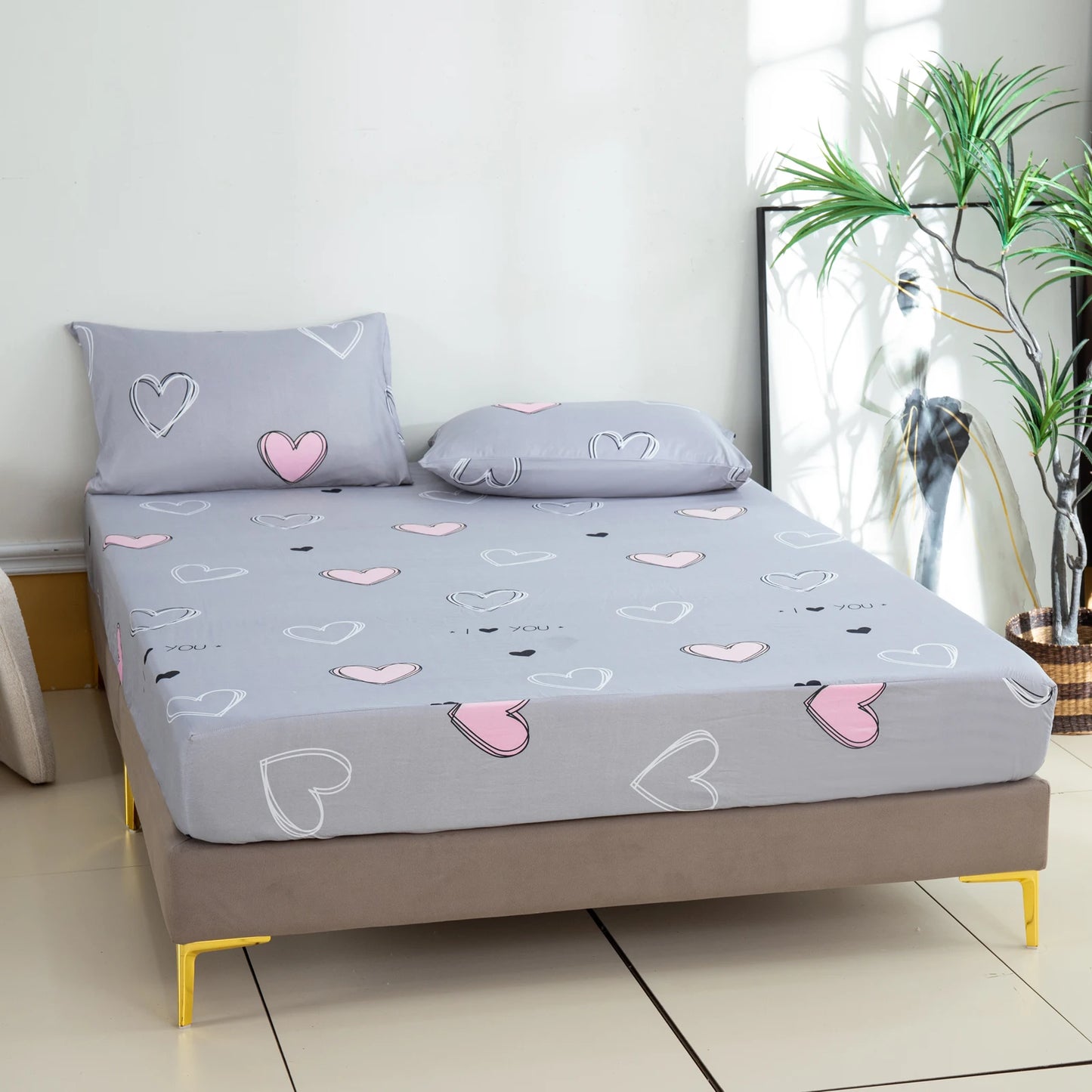 Active Printed Fitted Sheet, 1 Piece, Heart-Patterned Mattress Cover (Pillow Insert and Pillowcase Not Included), Simple Style Polyester Fiber Rectangular 3D Dirt-Resistant Mattress Protector, Polyester Five-Sided Patterned F